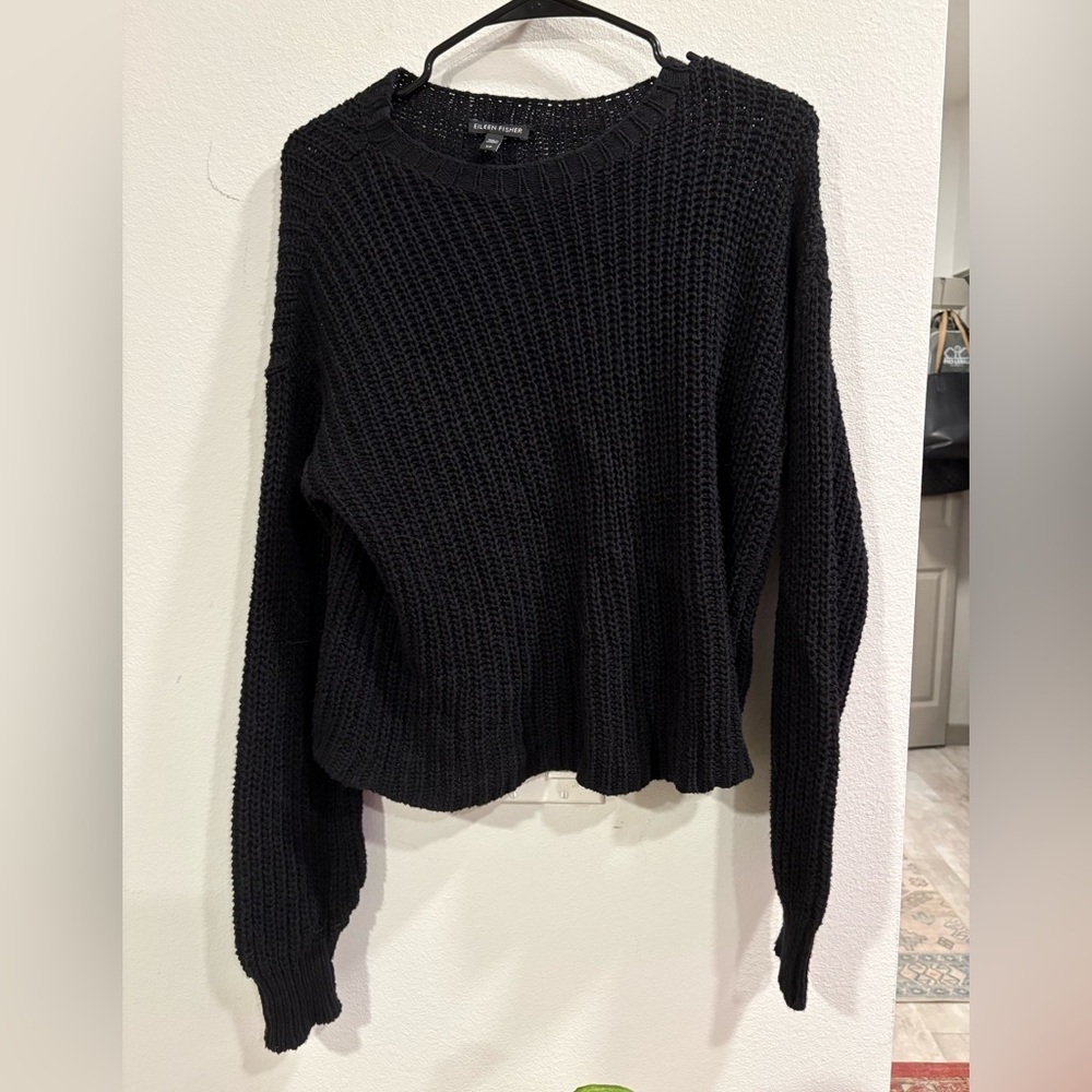 Eileen Fisher Black Organic Cotton Chunky Knit Sweater Small Boxy Crop Pullover